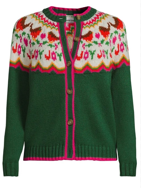 Lands' End Sweaters - Lands’ End Lofty Birdseye Fair Isle Cardigan Sweater XL Green/Pink Grandmacore